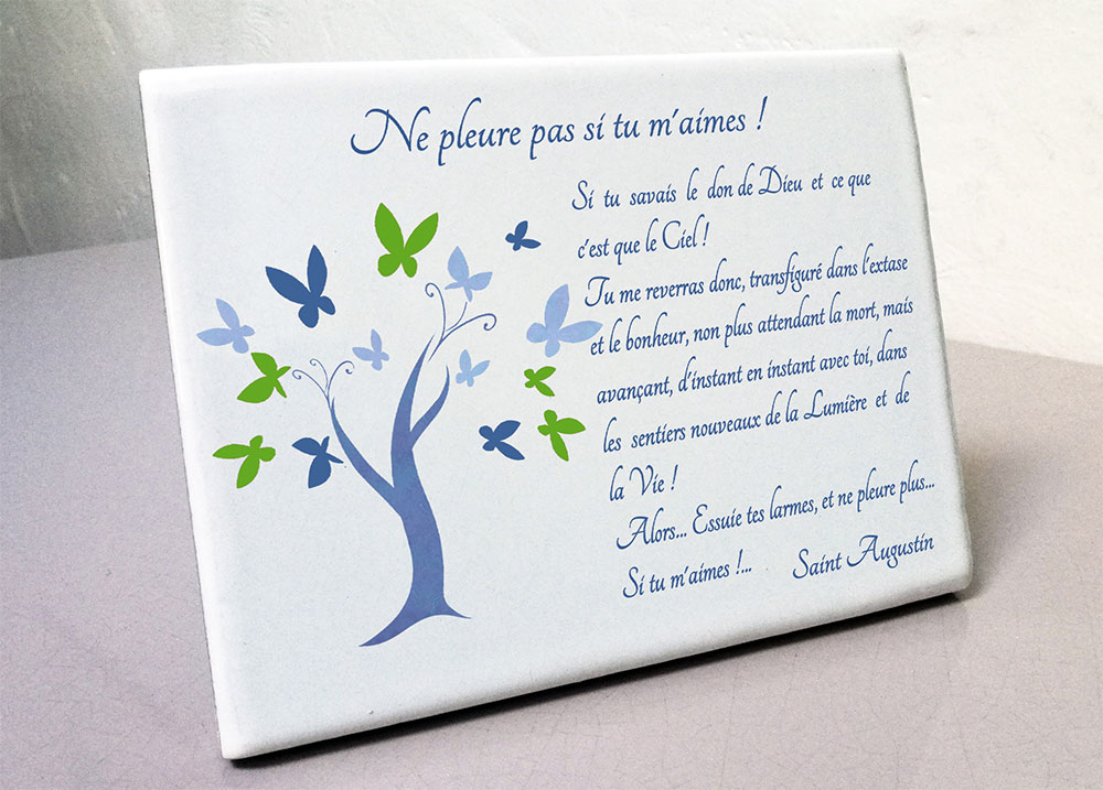 Plaque personnalisée, originale,blanche arbre,papillon,saint,augustin,bleu,cimetière en couleur