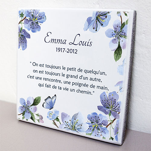 Plaque personnalisée, originale,blanche papillon,fleurs,bleu,cimetière en couleur
