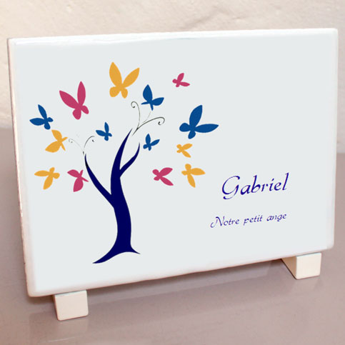 Plaque personnalisée, originale,blanche arbre,papillons ,couleurs,dessin,enfant,cimetière en couleur